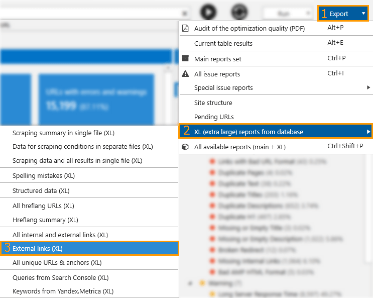 To export all external links from Netpeak Spider, open the ‘Export’ menu → ‘XL (extra large) report from database’ and click on the ‘External links’ report. Elementary!