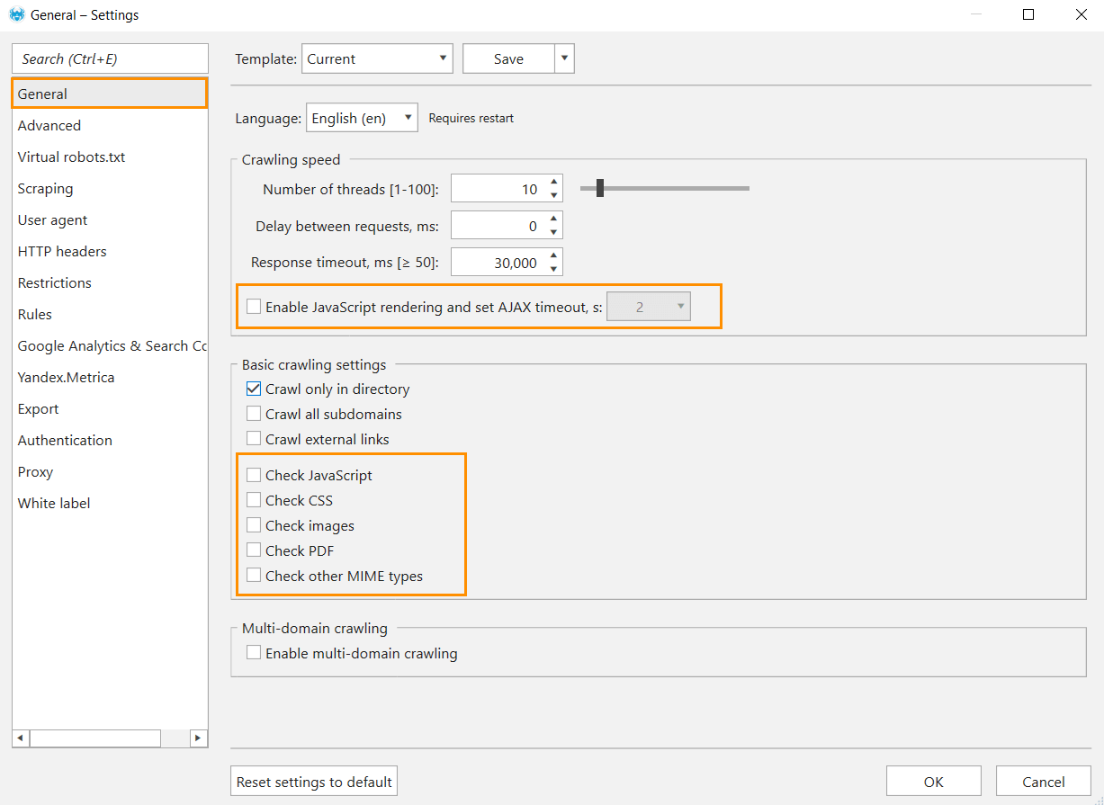 Turn off the crawling of images, PDF, CSS, and other MIME-types of files to speed up crawling in Netpeak Spider