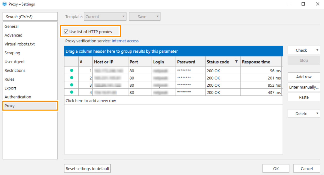 Go to the ‘Proxy’ tab in Netpeak Spider and choose the way you want to set up a proxy