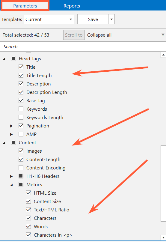 Parameters for content analysis in Netpeak Spider