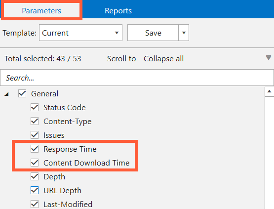 Parameters to check loading speed in Netpeak Spider