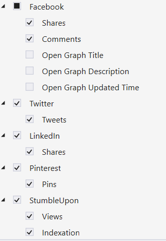 Parameters for checking social networks in Netpeak Checker