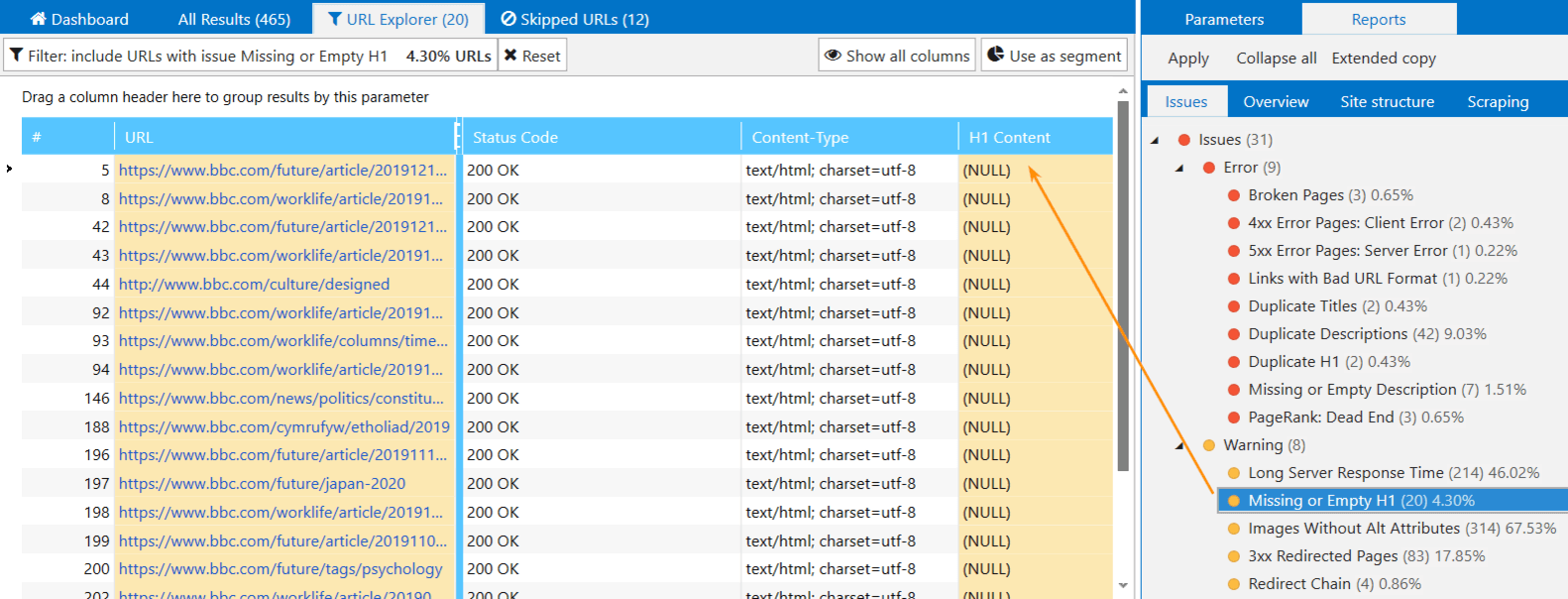 Check H1 with Netpeak Spider