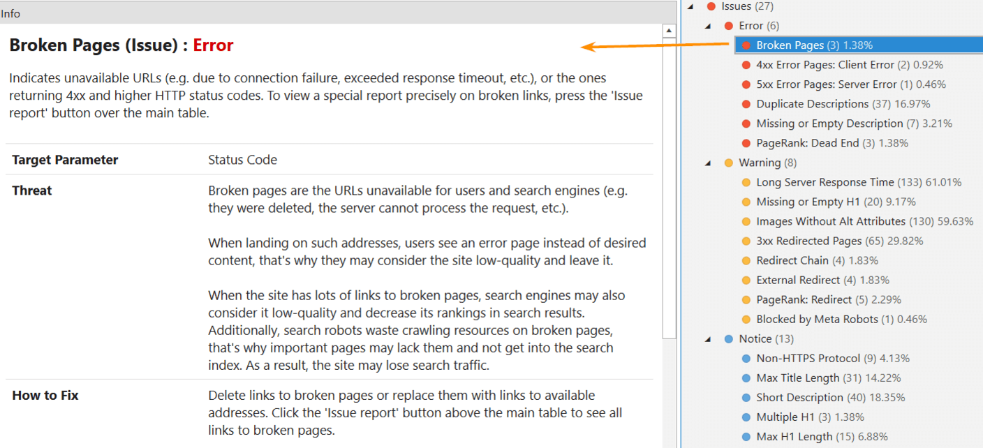 Review each issue and learn how to tackle it in the 'Info' panel of Netpeak Spider