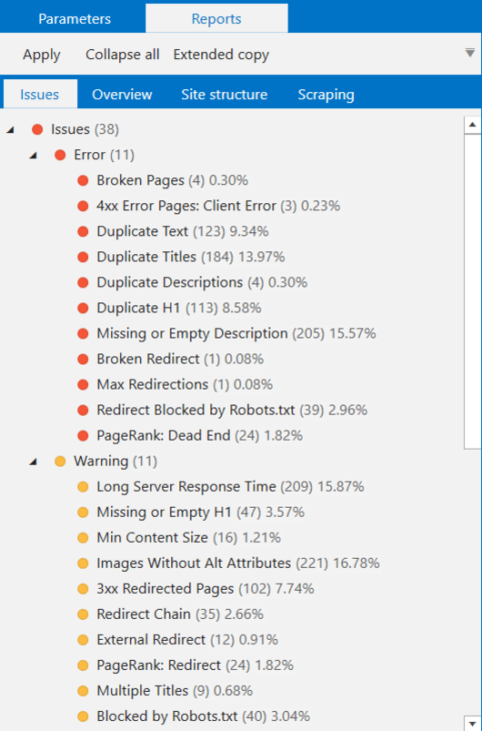 Issues spotted during crawling in Netpeak Spider