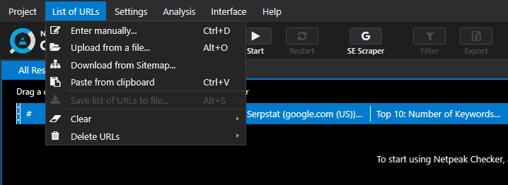 Adding URLs to Netpeak Checker