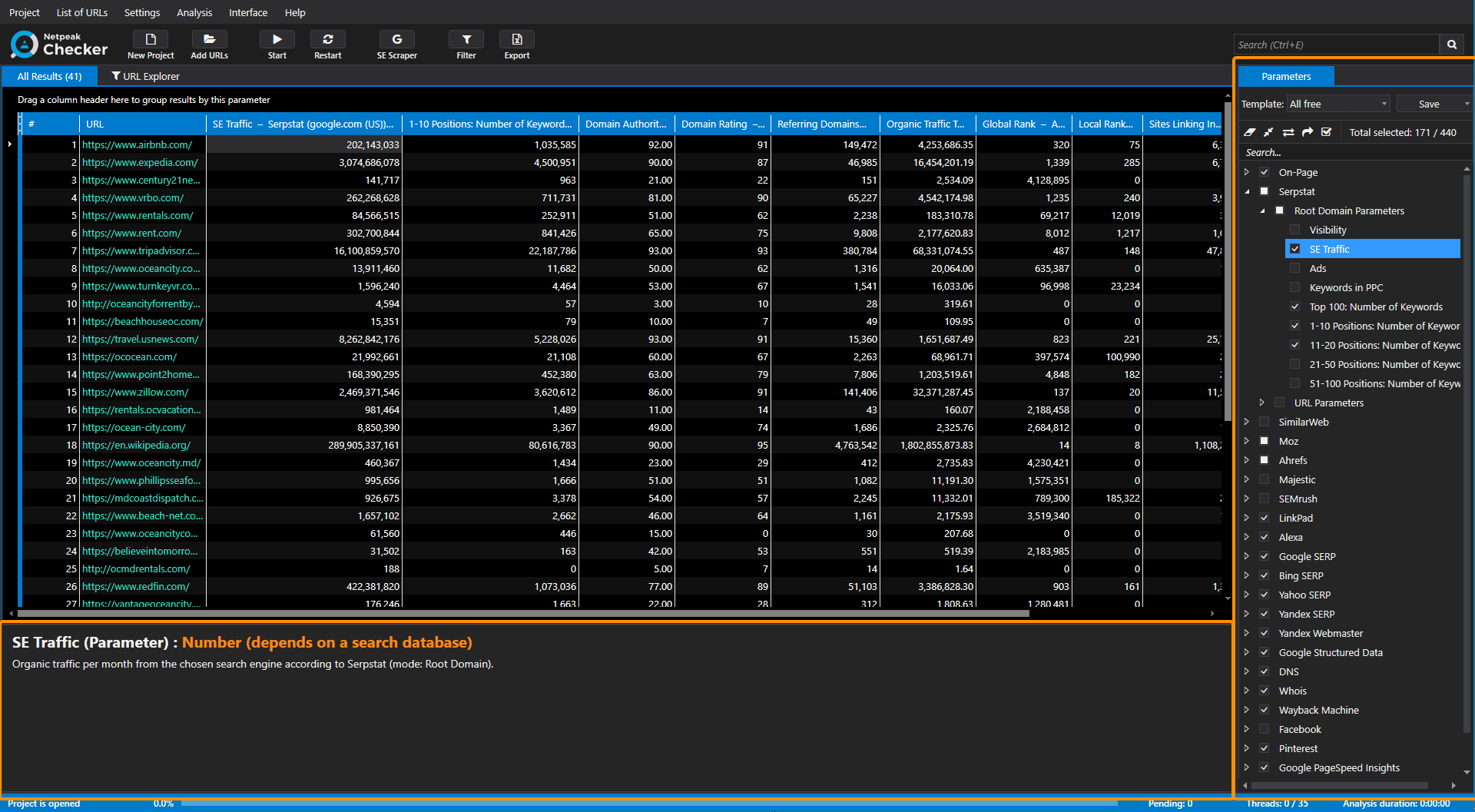 List of parameters in Netpeak Checker and their description in info panel