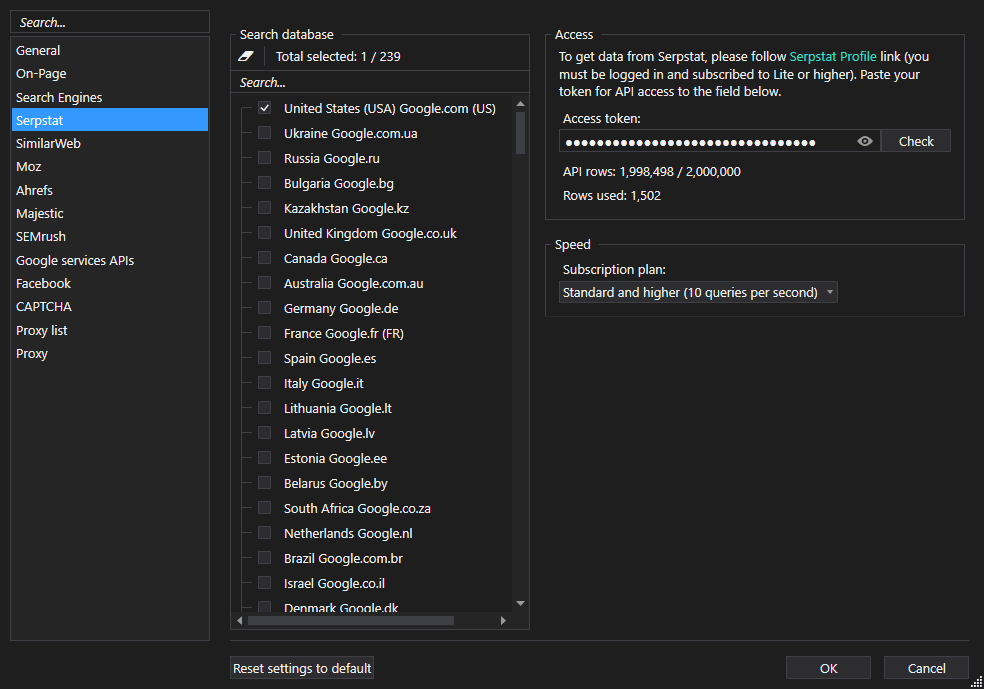 This is how Serpstat's settings tab looks like in Netpeak Checker. You can add your API key here and choose necessary search databases.