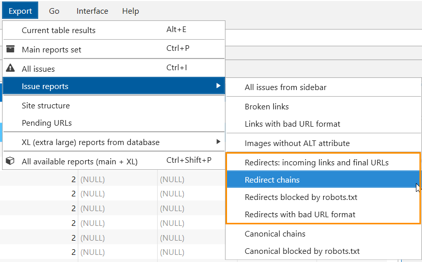 Redirect issue report in Netpeak Spider