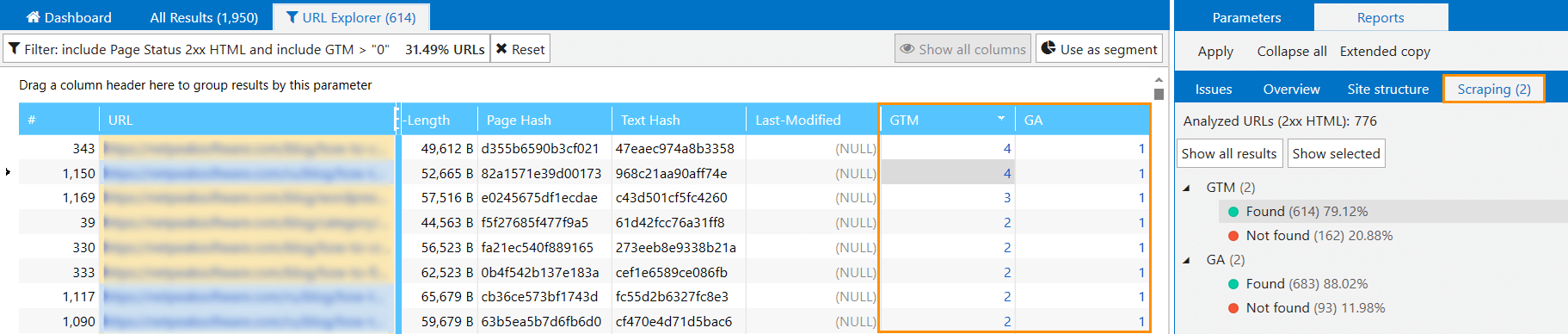 Scraped GTM and GA codes in Netpeak Spider