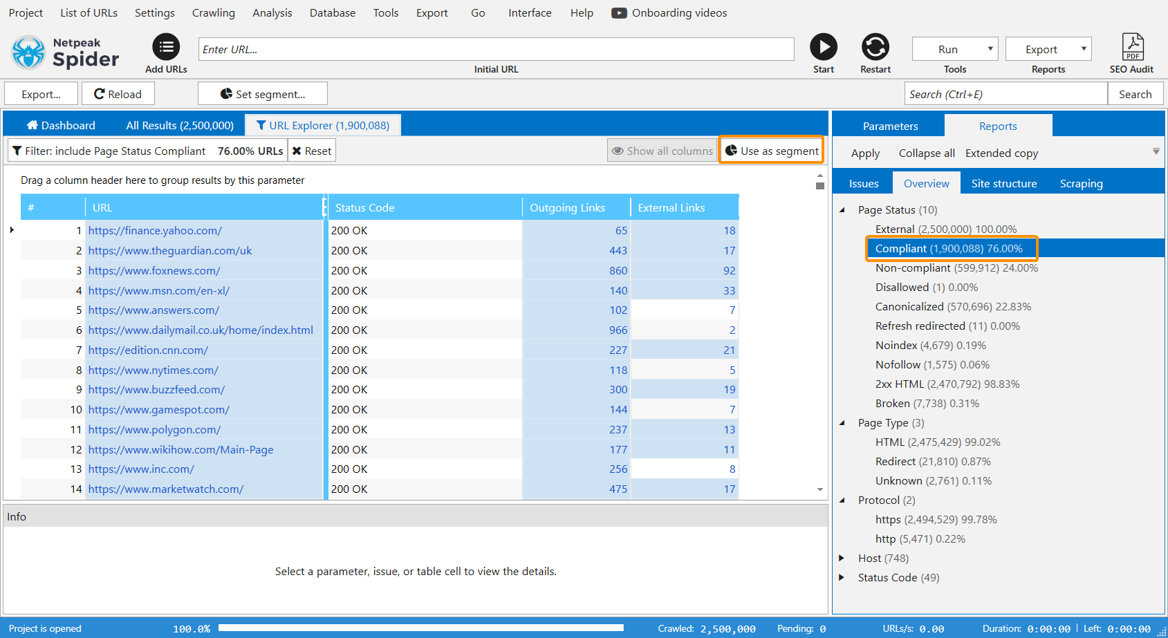 Applying filter as a segment in Netpeak Spider