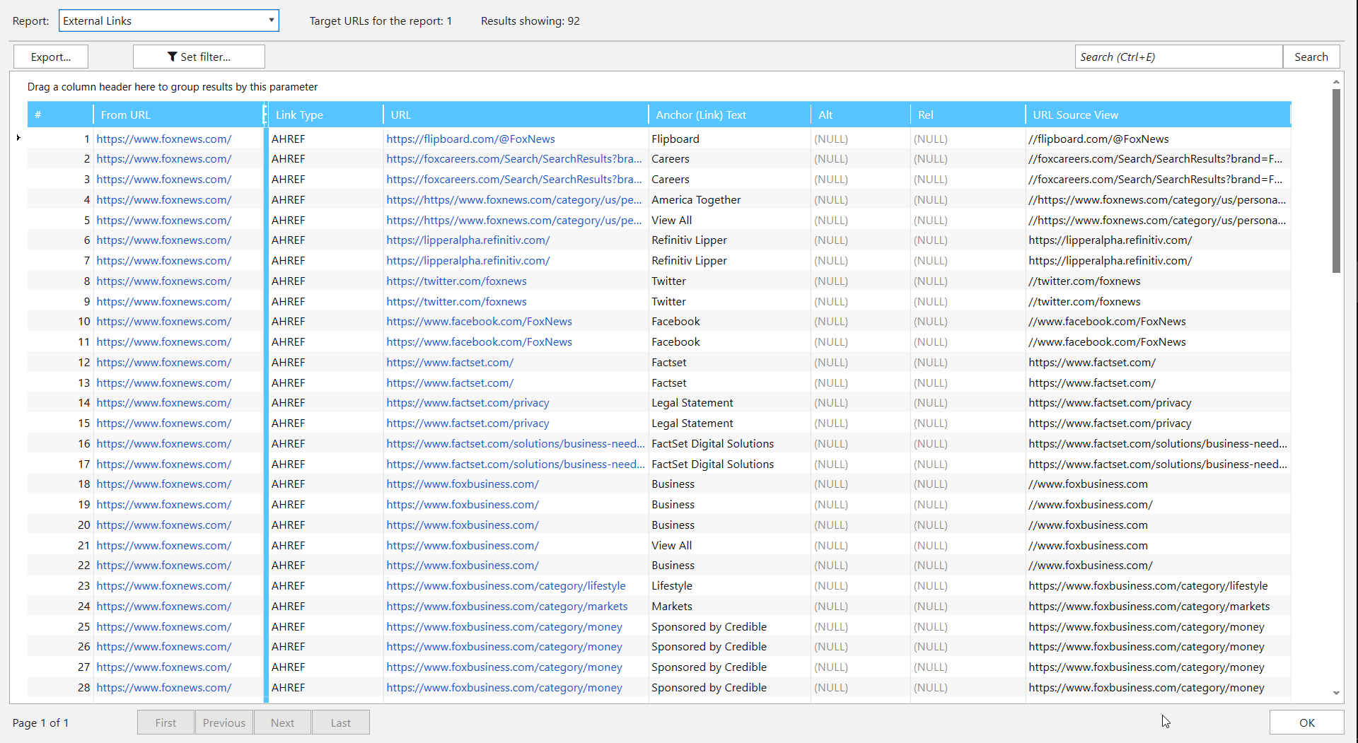 Example of the tables with external links from Netpeak Spider