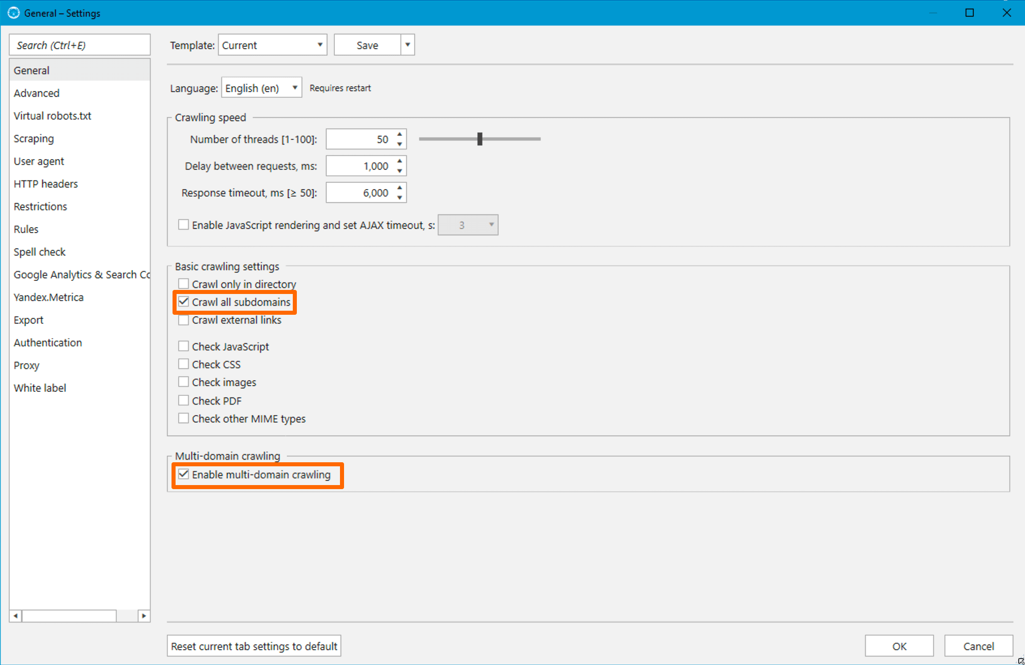 How to enable consindering of all subdomains as internal and multi-domain crawling in Netpeak Spider