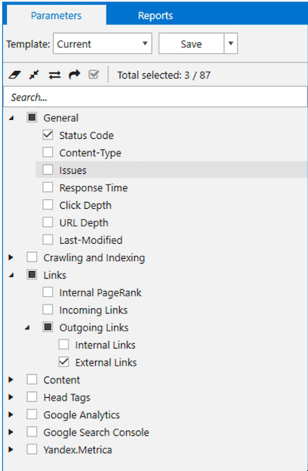 The parameters which you have to enable in Netpeak Spider to find necessary links