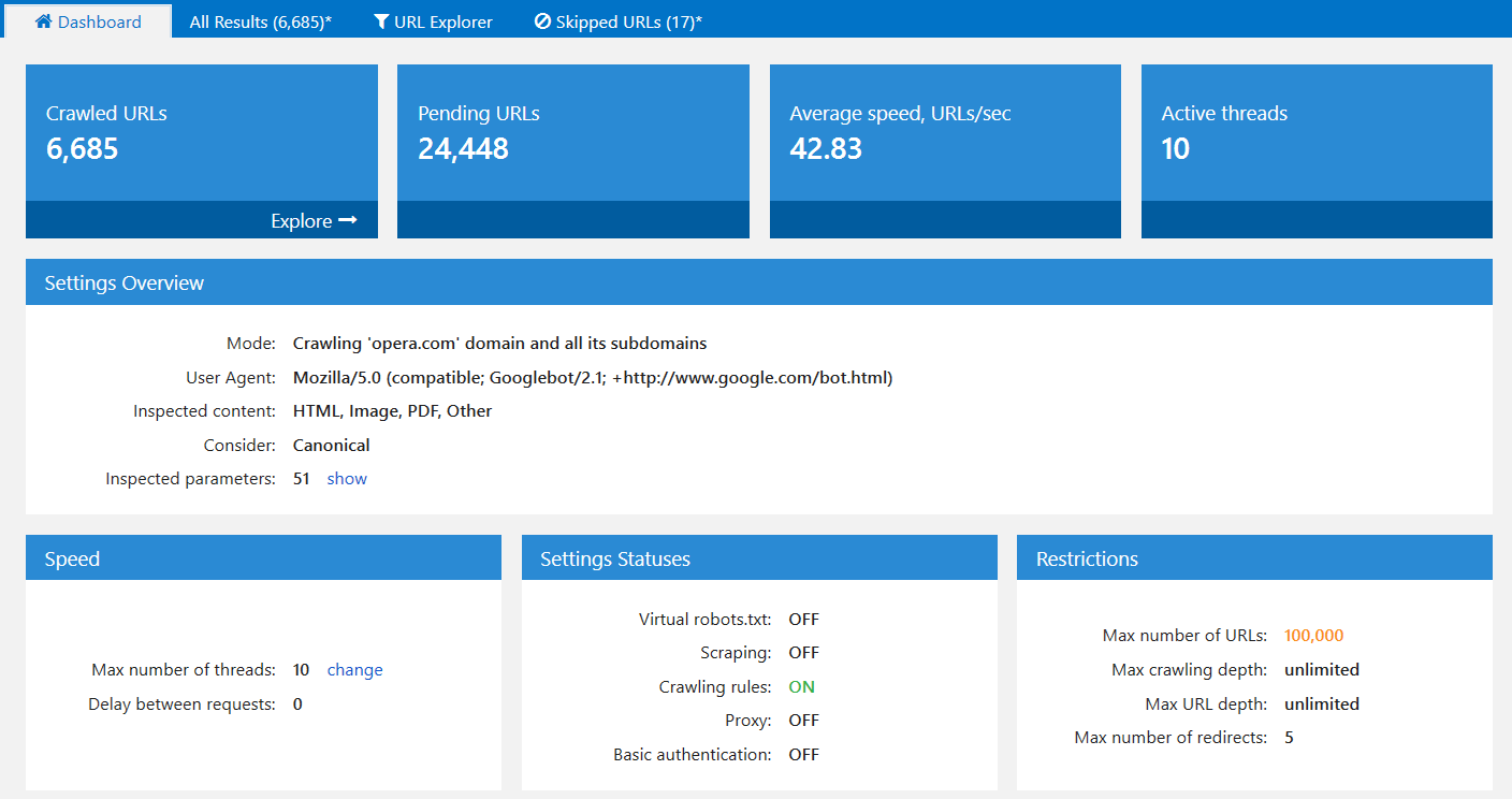 Dashboard during crawling in Netpeak Spider 3.0