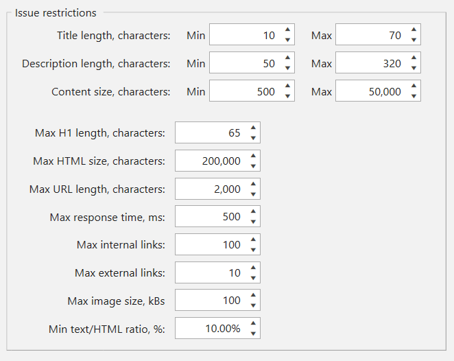 Restrictions tab of crawling settings in Netpeak Spider 3.0