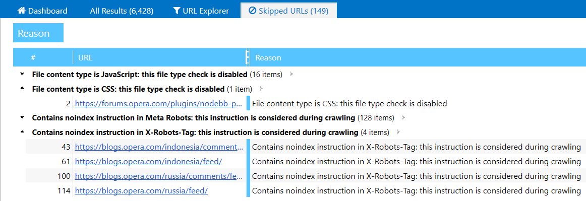 Table of URLs skipped while crawling in Netpeak Spider 3.0