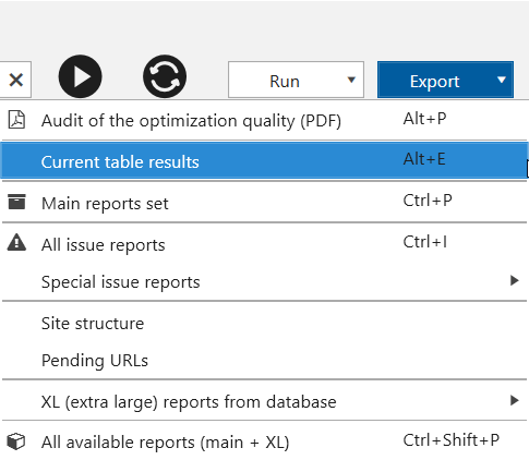 'Export current table results' option in Netpeak Spider