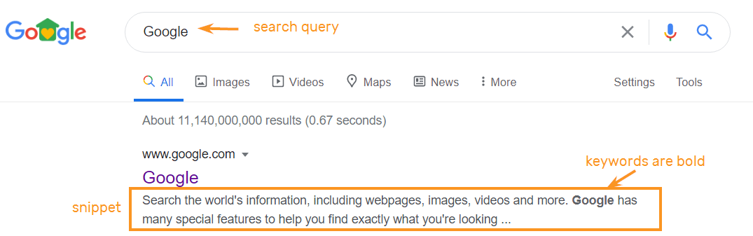 Snippet example in Google search results