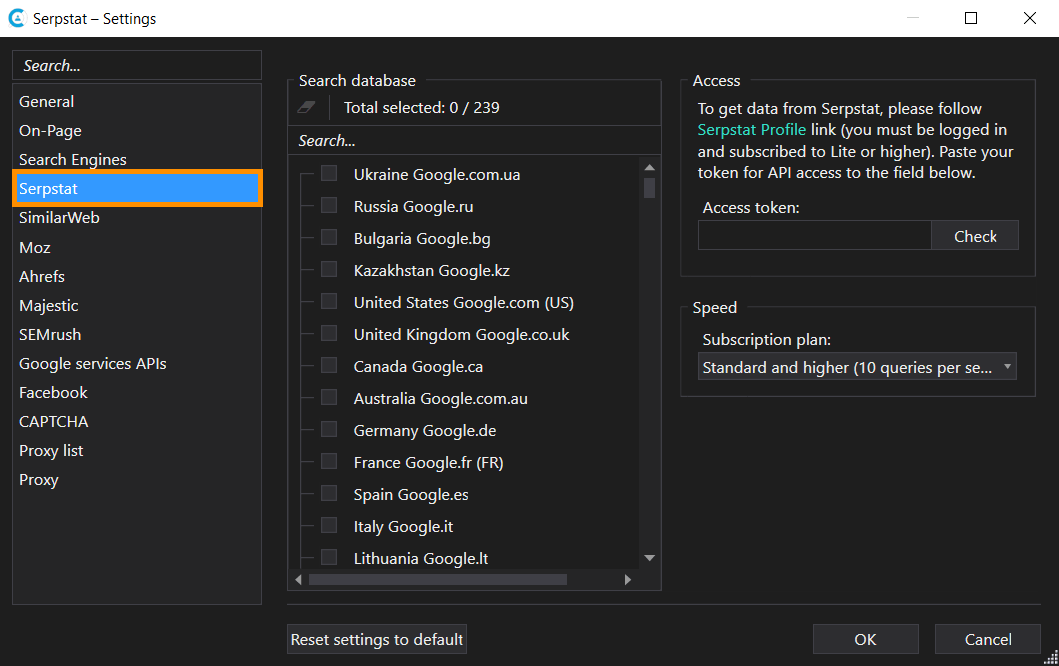 Choosing Serpstat regions in the ‘Settings’ tab in Netpeak Checker