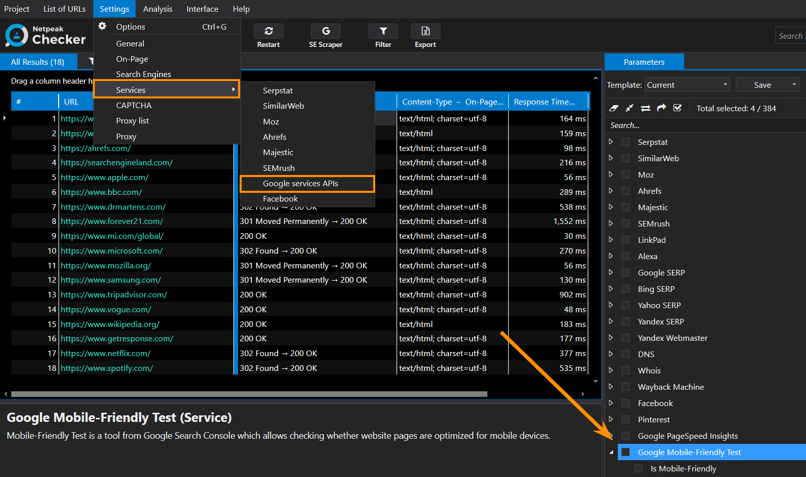 Data from Google Mobile-Friendly Test in Netpeak Checker