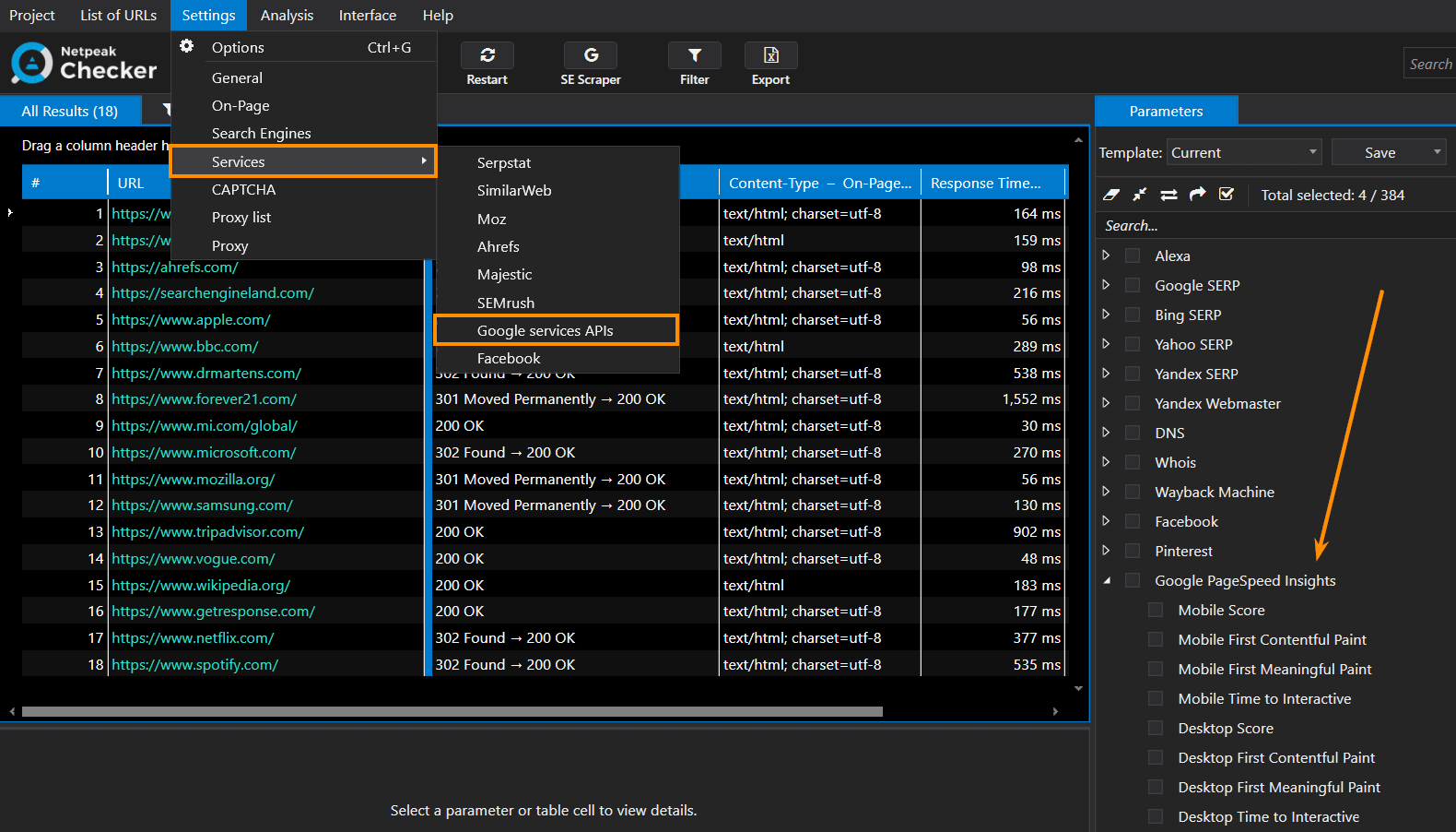 Data from Google PageSpeed Insights in Netpeak Checker