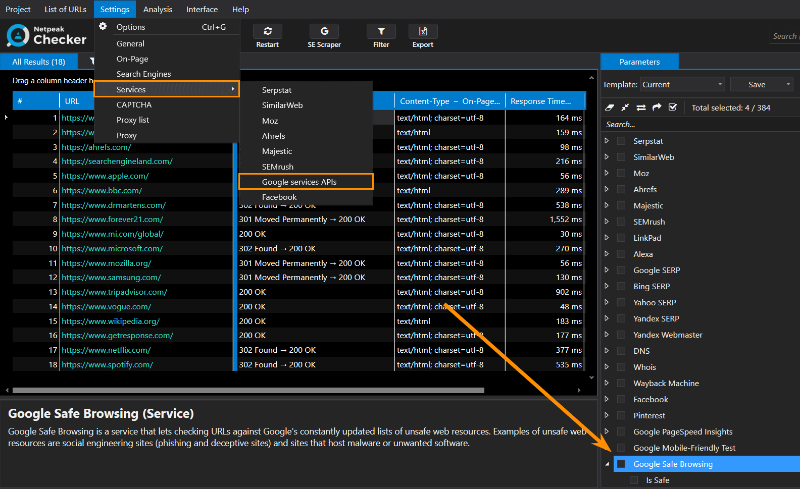 Data from Google Safe Browsing in Netpeak Checker