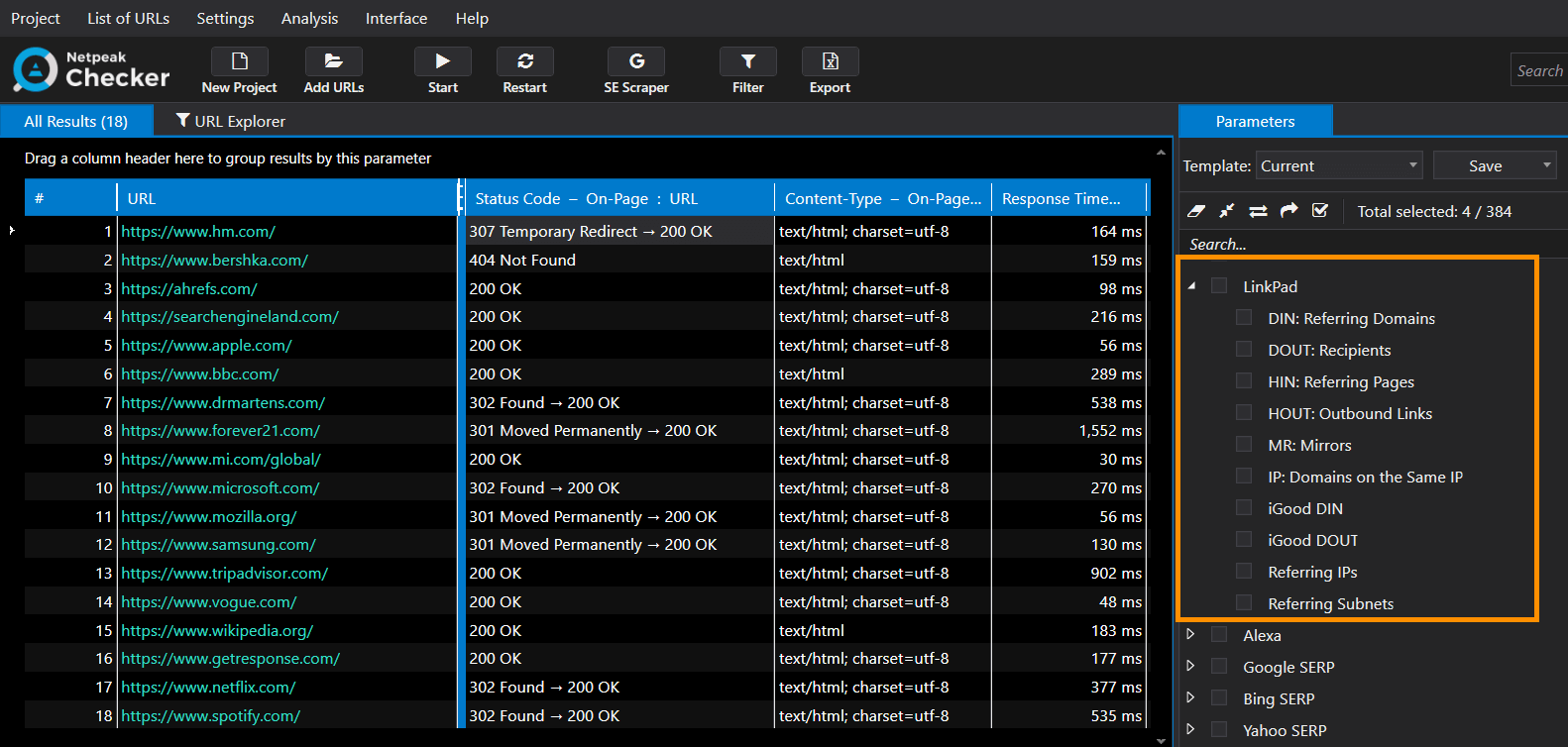 Data from LinkPad in Netpeak Checker