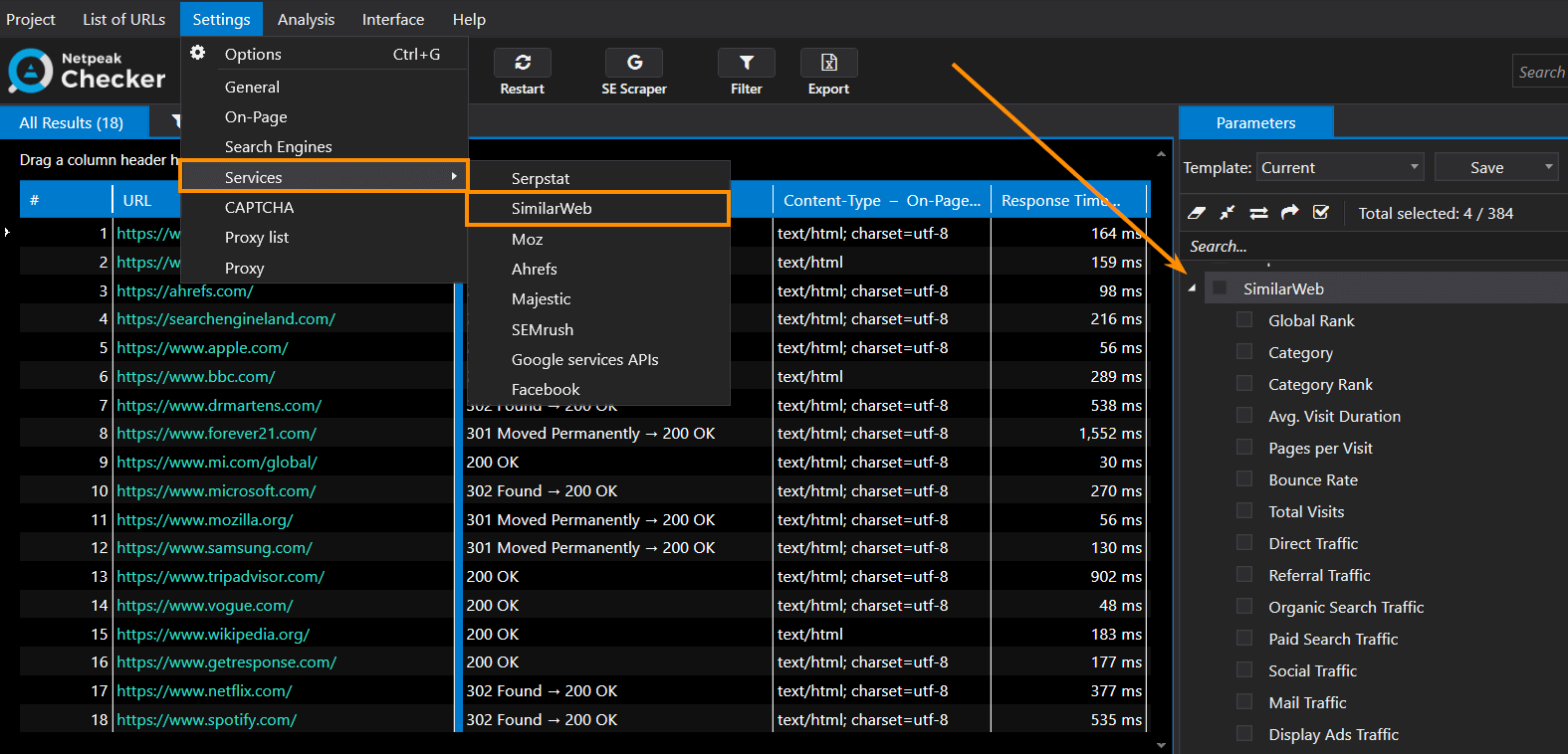 SimilarWeb Data in Netpeak Checker