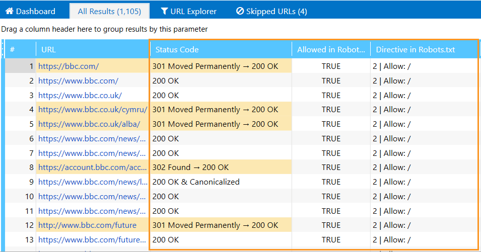 View the results in the main table in Netpeak Spider