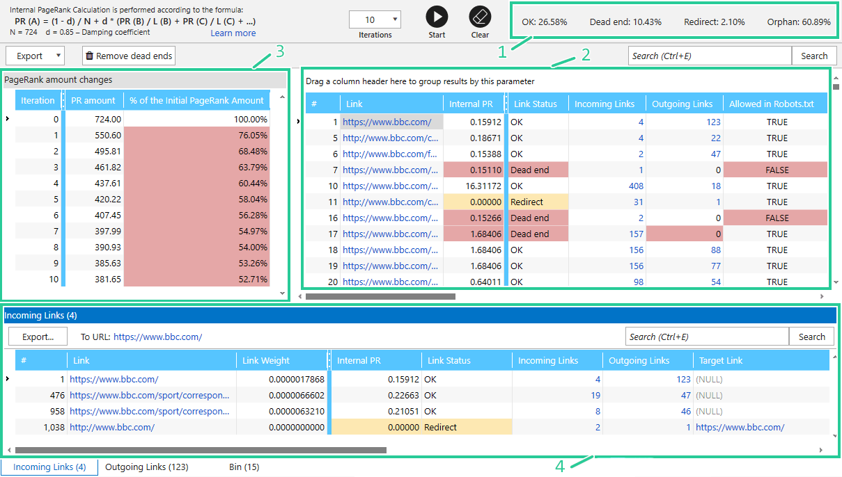 Internal PageRank tool in Netpeak Spider