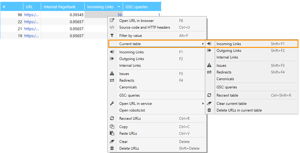 How to open the report on internal linking via context menu in Netpeak Spider