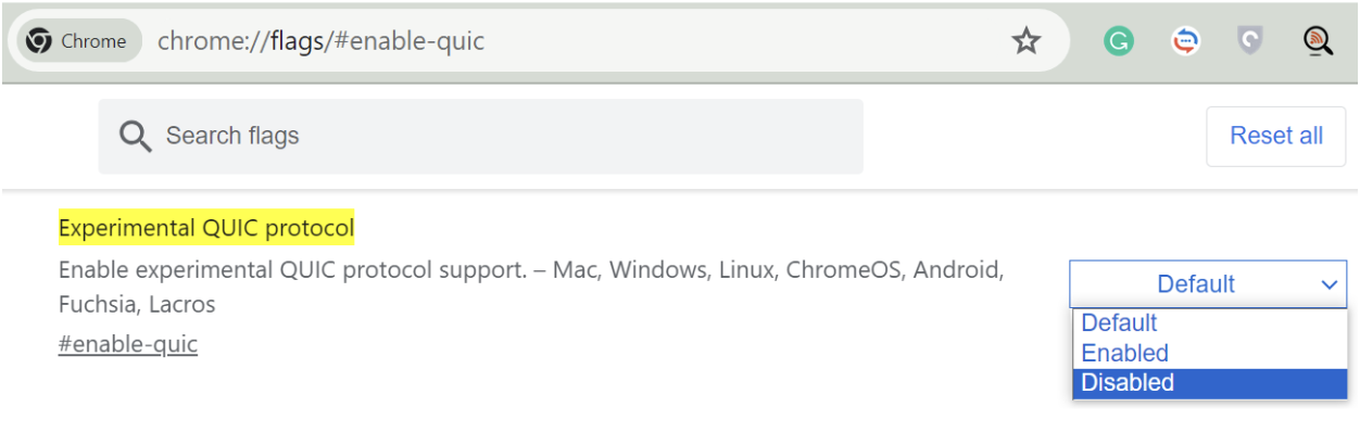Disabling experimental QUIC protocol in Chrome