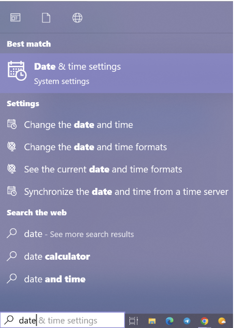 Searching for Date & Time settings