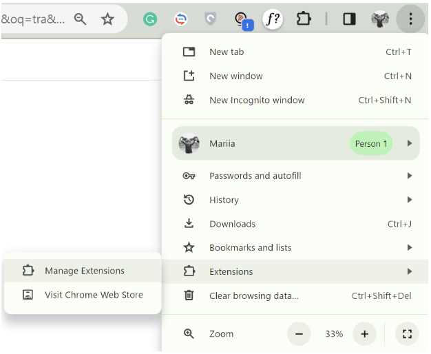 Manage extensions tab in Chrome