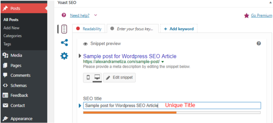 Title of web page example in Wordpress.
