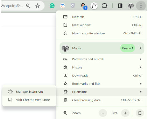  Manage extensions tab in Chrome