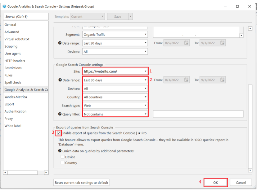 Google Search Console settings with queries export in Netpeak Spider.