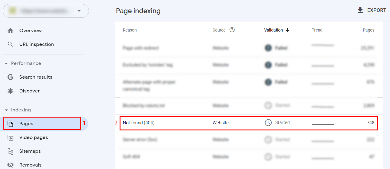 Interface of Google Console Manager with pages that return 404 error