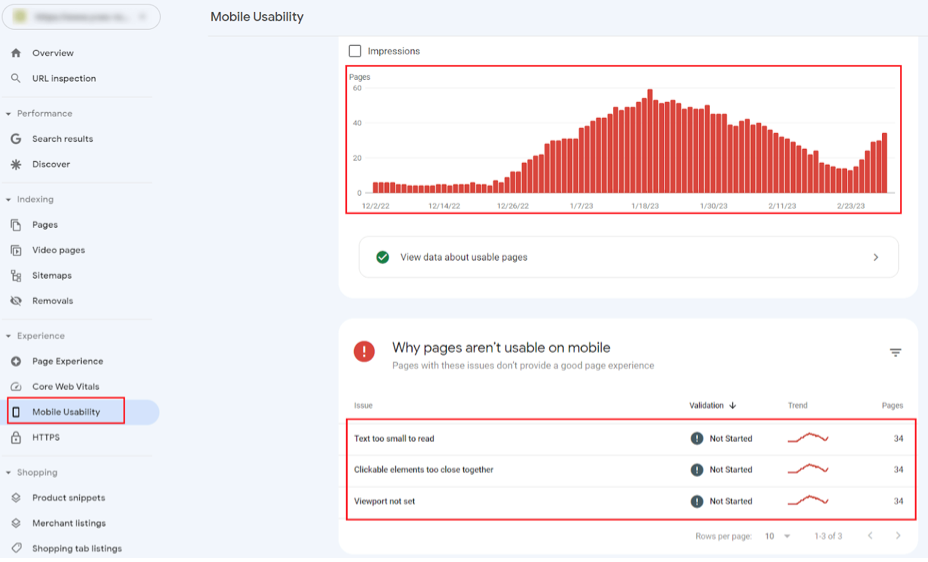 Mobile usability report in Google Search Console