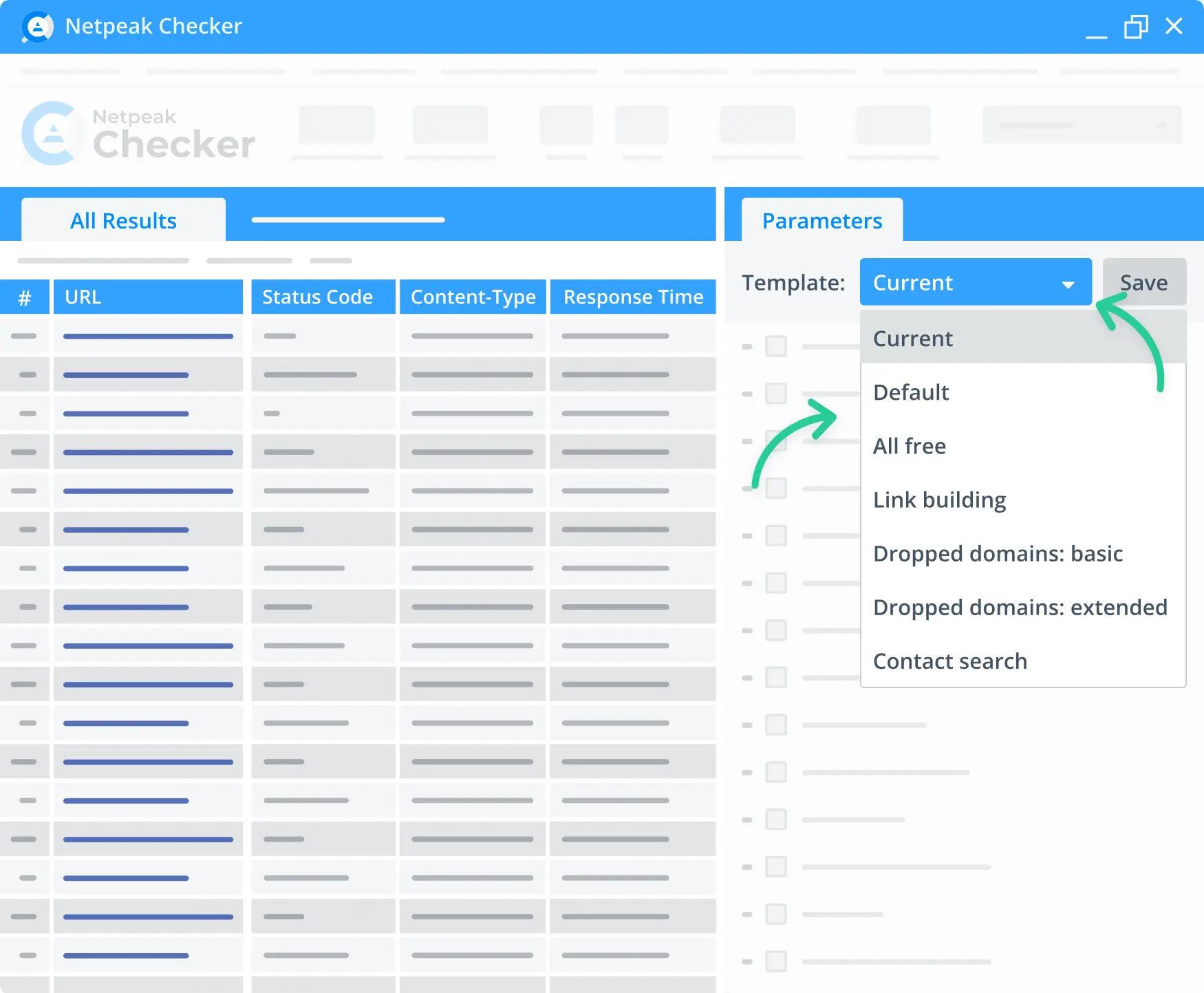 Netpeak Checker allows personalized data view together with pre-made overview templates.