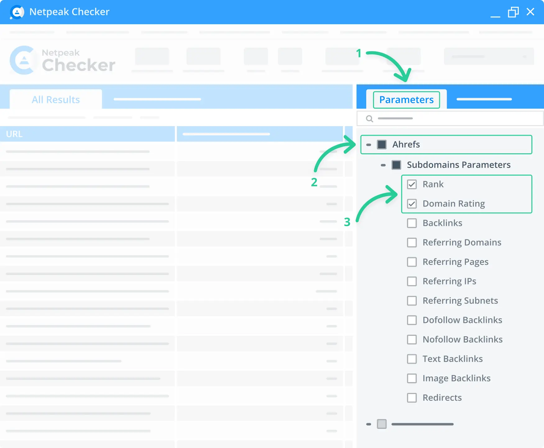 Ahrefs tool Parameters tab in the Netpeak Checker.