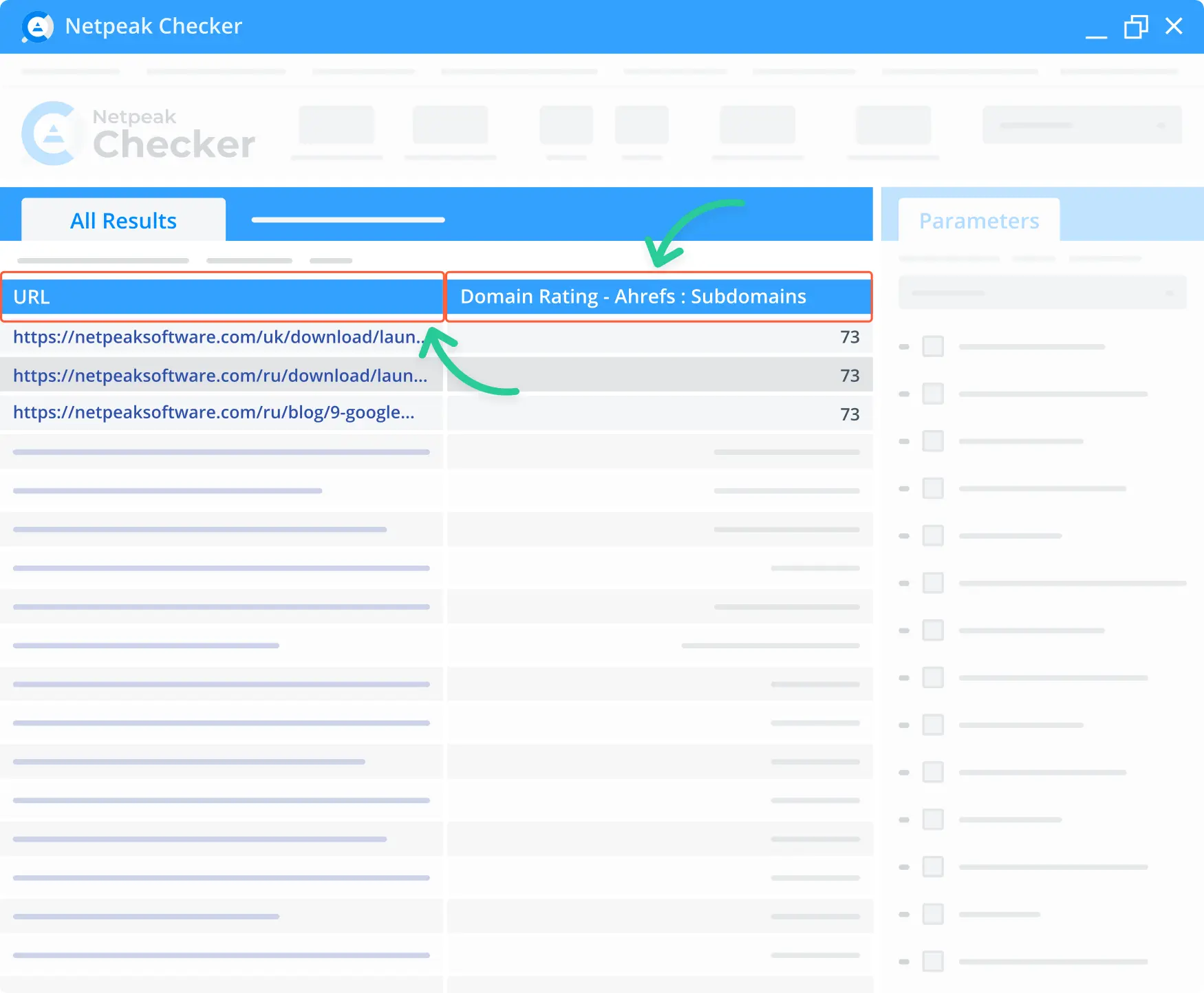  Domain rating checker index in the Netpeak Checker.