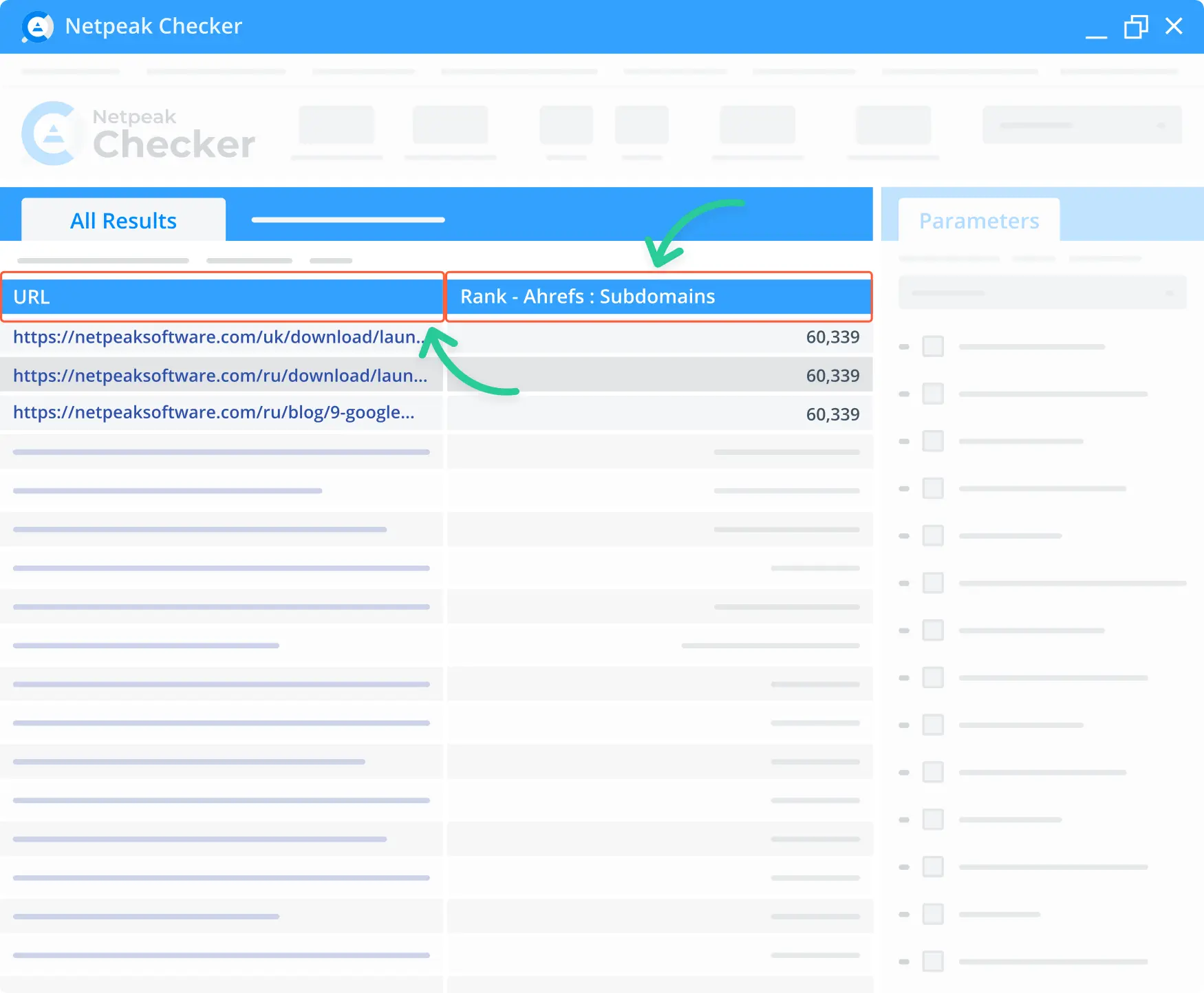 The Ahrefs Rank feature in Netpeak Checker.