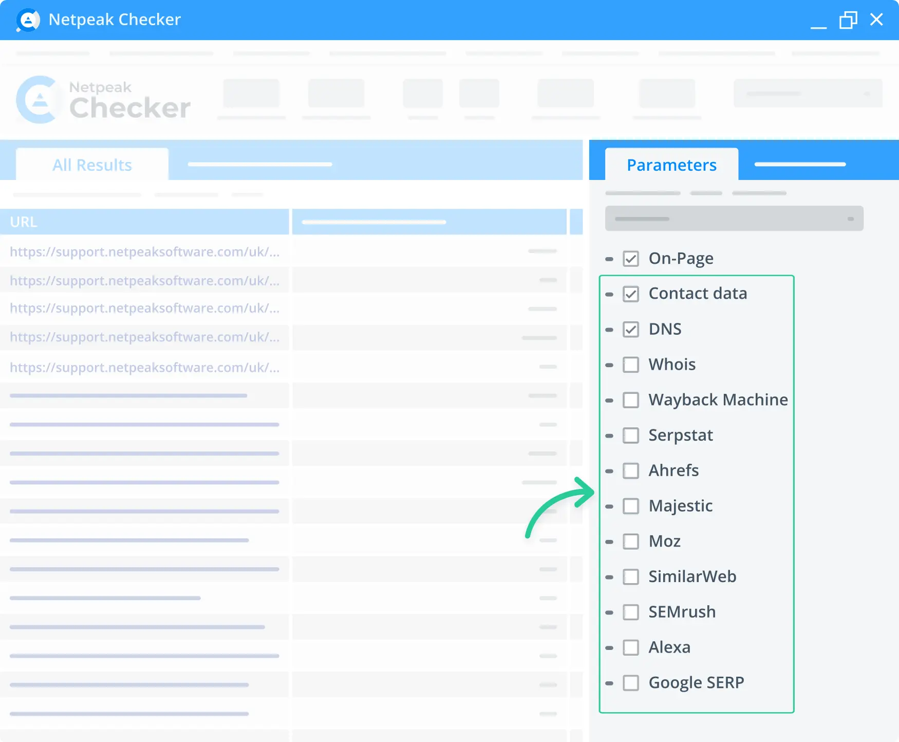 DNS, Ahrefs, Moz, and Google SERP rankings by Netpeak Checker.