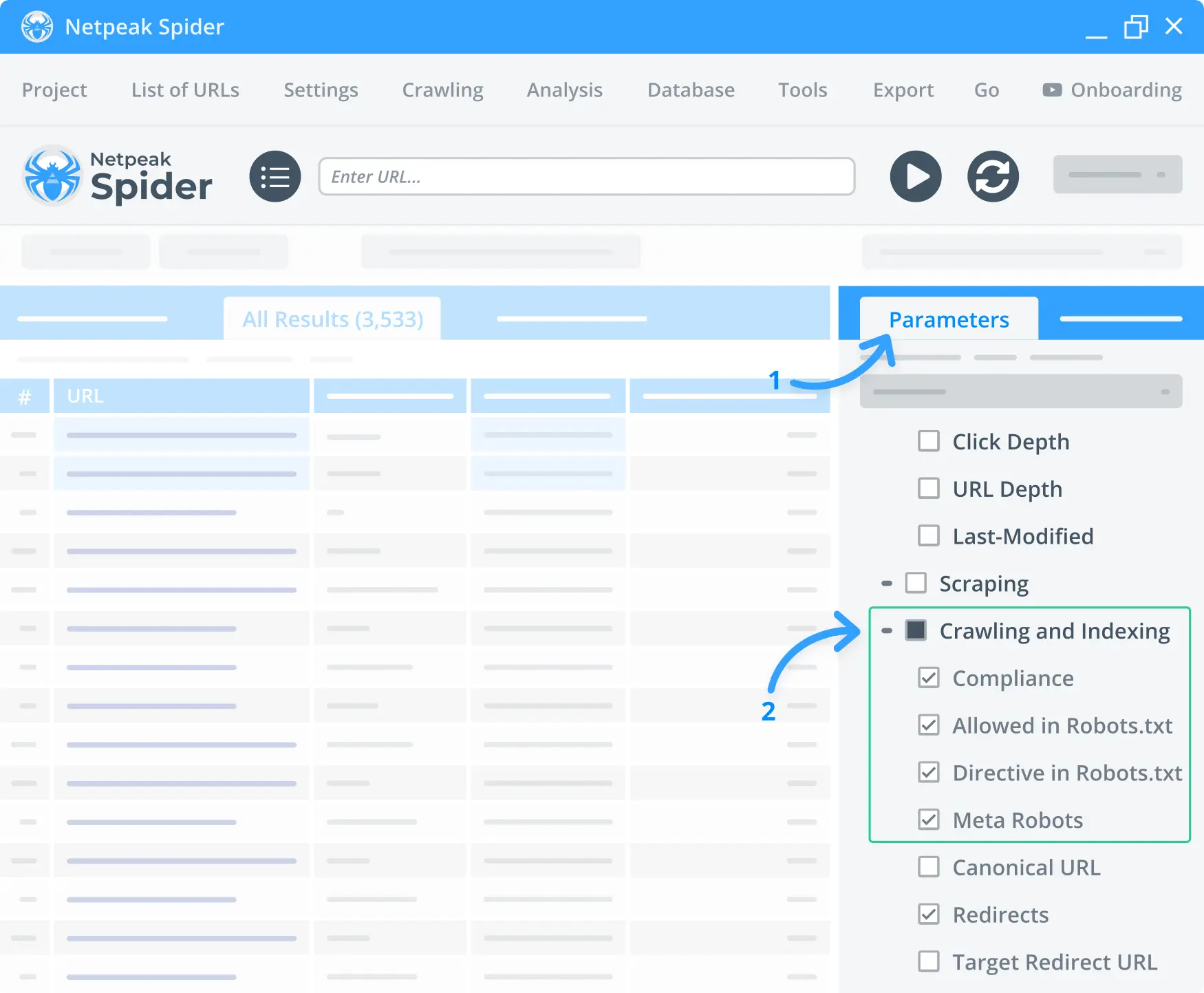 Use the Netpeak Spider tool to indicate the link's indexing compliance.