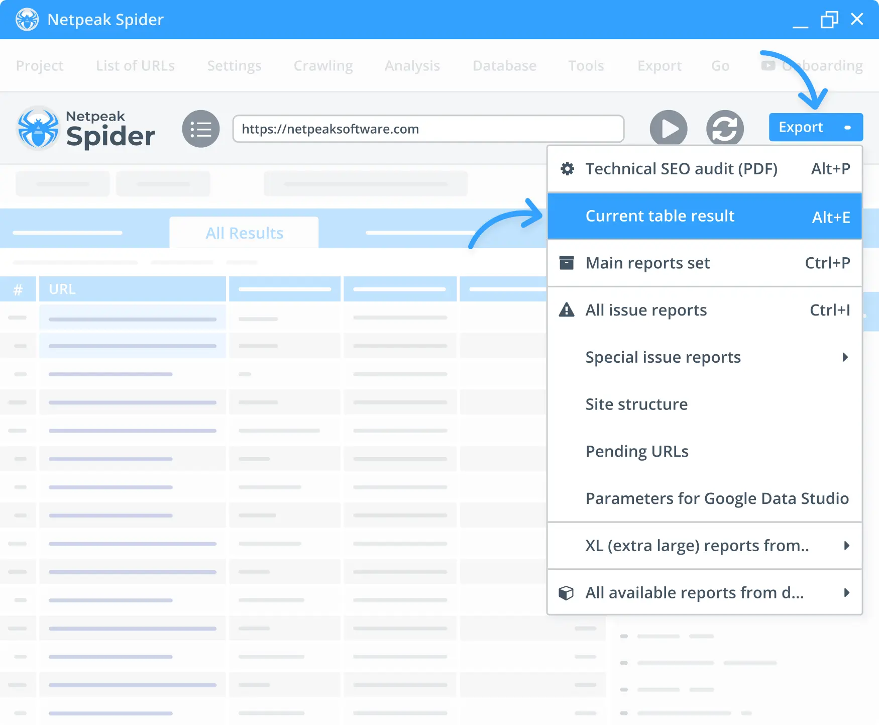 Download research results from Netpeak Spider in just a few clicks.