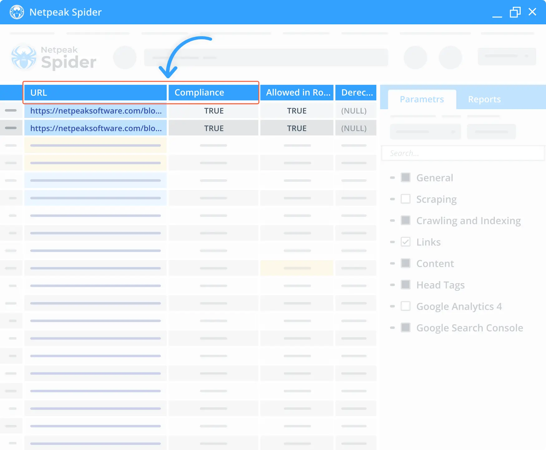  Detect whether the target URL is compliant for indexing in Google with Netpeak Spider.