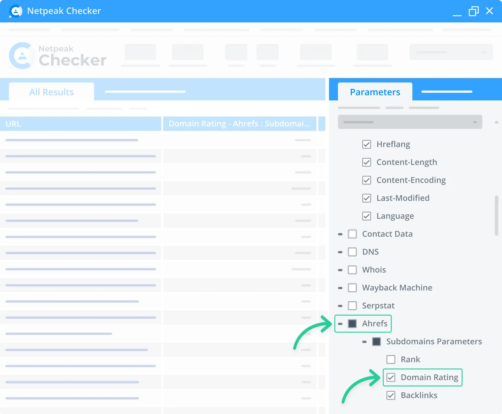 Configuring the parameters for domain authority check in Netpeak Checker.