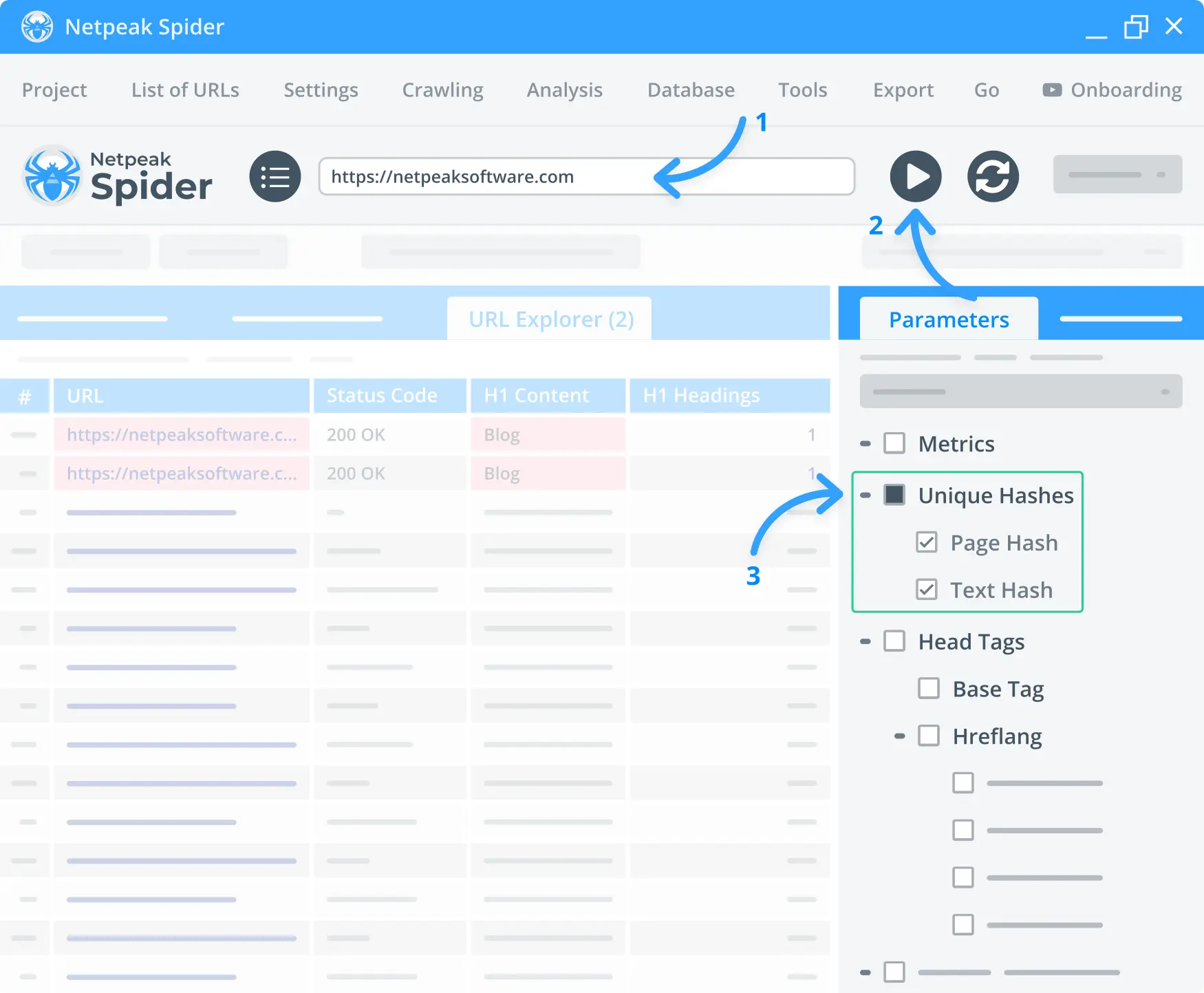 Starting the Netpeak Spider to search for duplicate pages